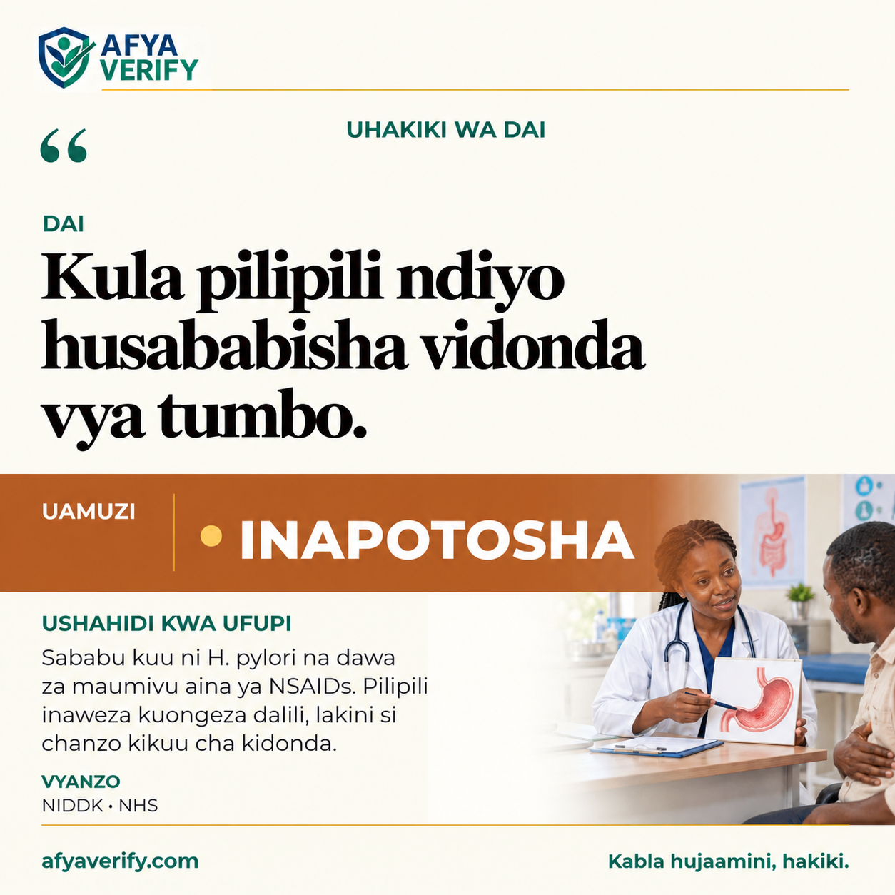 Mtu mzima akiwa ameshika sehemu ya juu ya tumbo, pembeni kukiwa na pilipili, mchoro wa tumbo wenye H. pylori na vidonge vya dawa za maumivu; picha inaonyesha tofauti kati ya kichochezi cha dalili na visababishi vikuu vya kidonda.